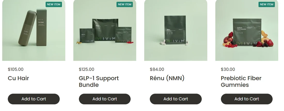 Ivím Featured Products: Cu Hair, GLP-1 Support Bundle, Rénu NMN, Prebiotic Fiber Gummies