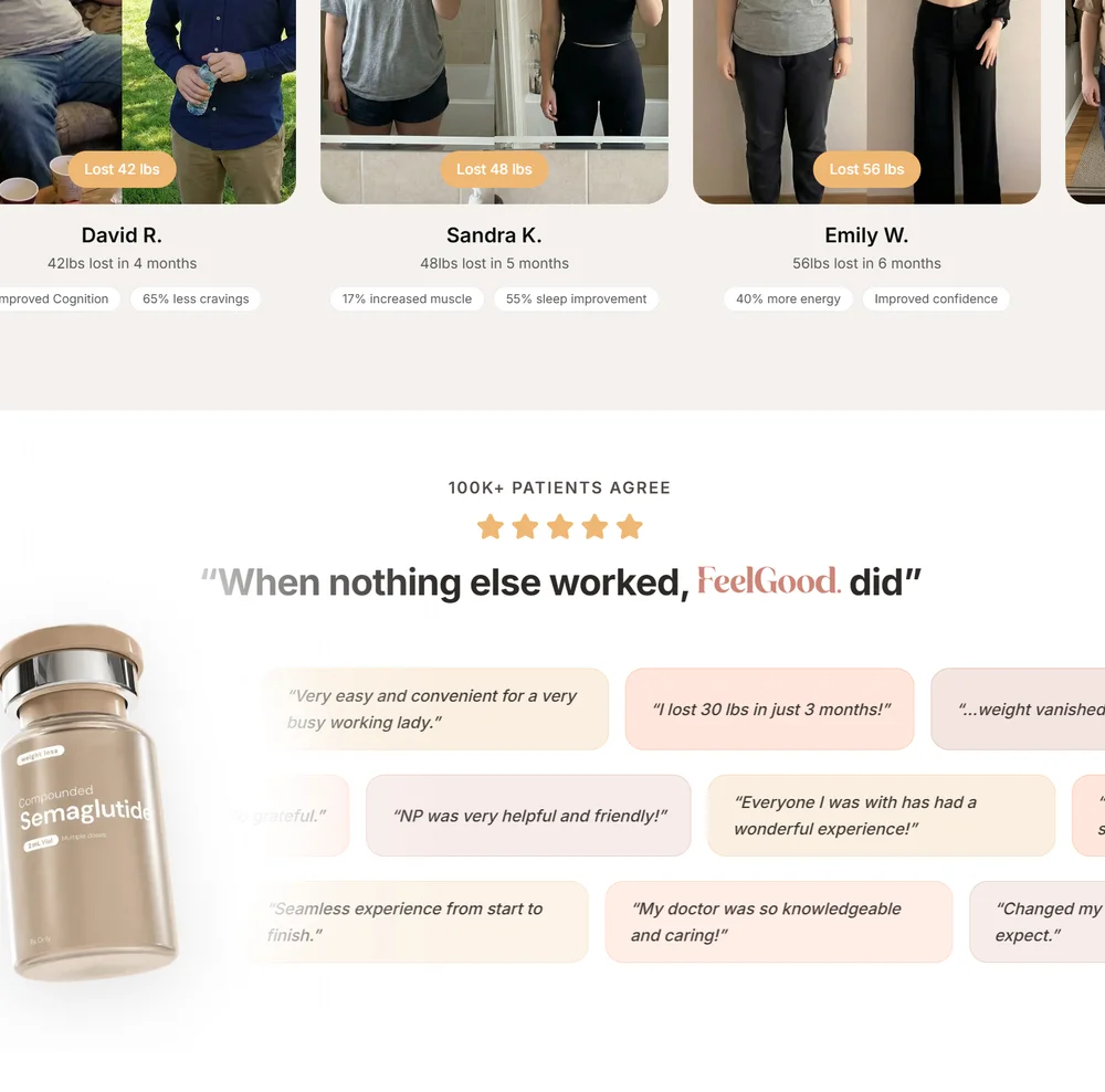 FeelGood Patient Transformations: David R. lost 42 lbs, Sandra K. lost 48 lbs, Emily W. lost 56 lbs